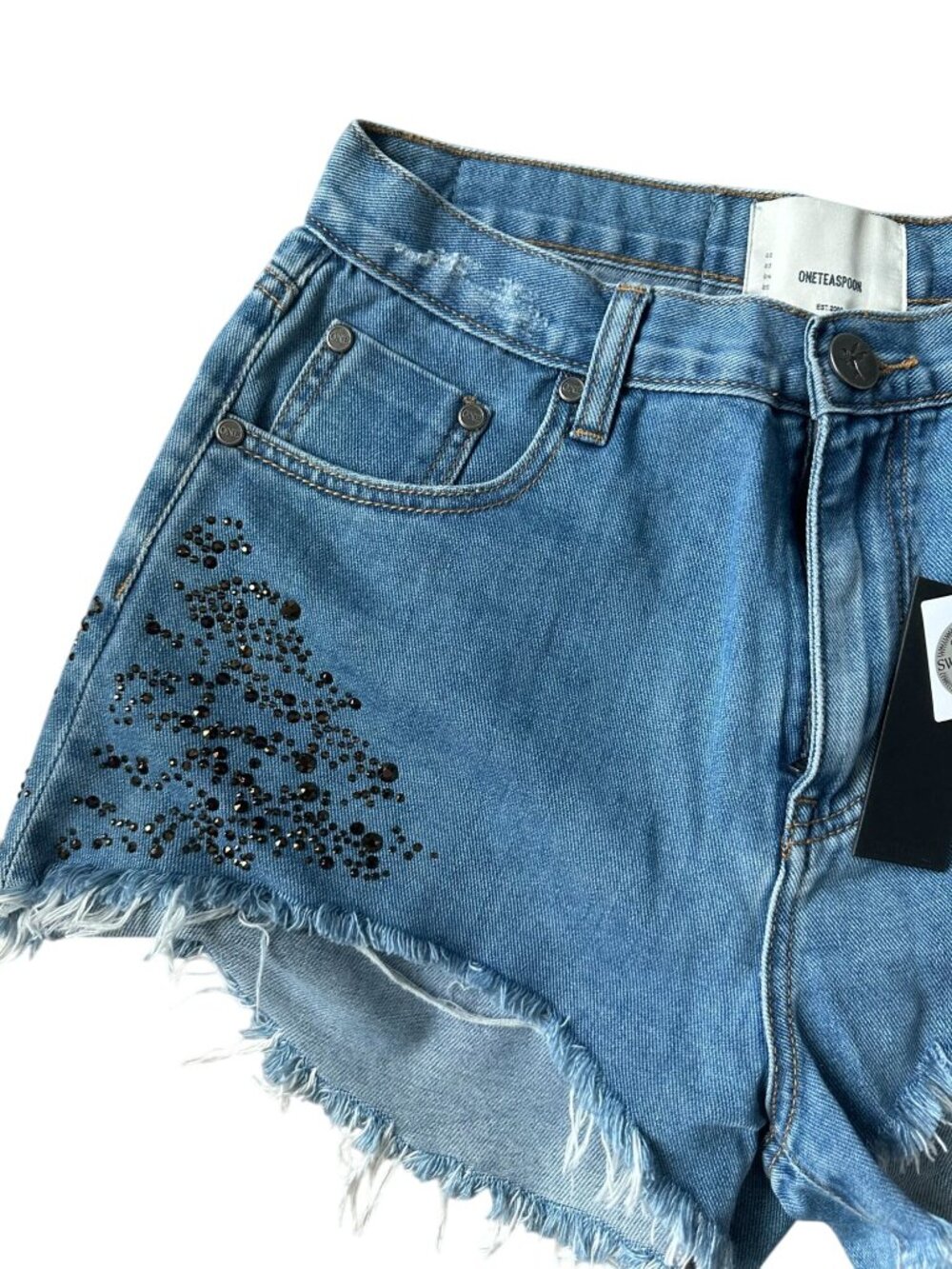 ONE TEASPOON Crystal Rocks Swarovski Collab Denim Shorts Sz 28 NEW - Picture 2 of 9
